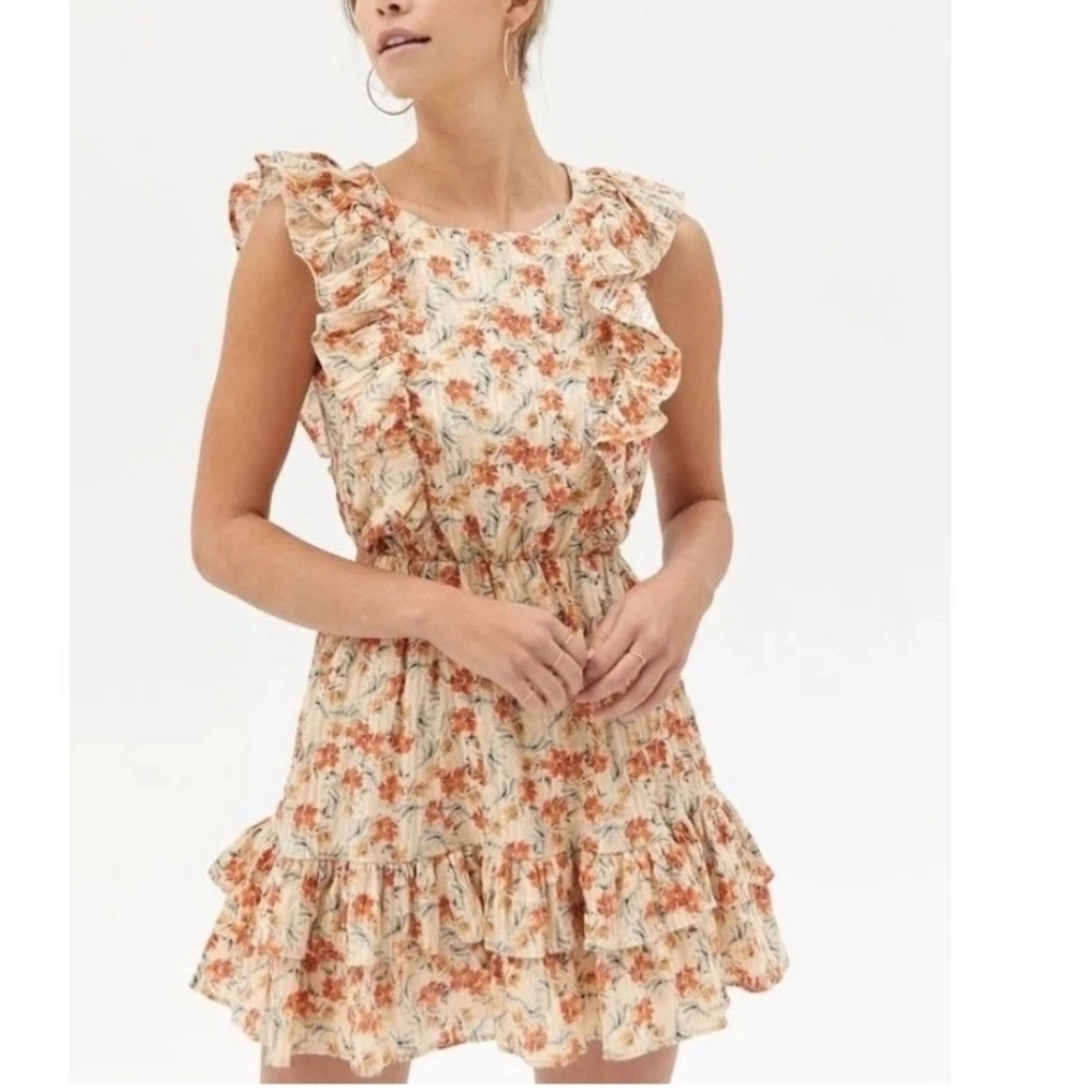 MINKPINK Zahari Dress Womens Floral Ruffled Flutter Sleeve Cottage Cutout M